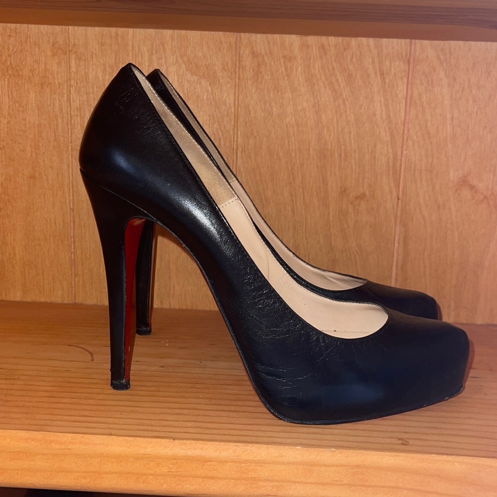 Christian Louboutin Black Soft Leather Red Bottom High Heel Platformz Pumps
